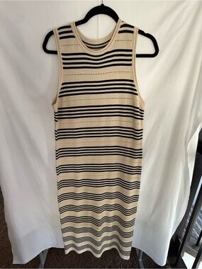 Sleeveless Cream and Black Striped Knit Dress